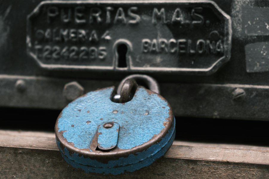 Padlock securing a metal door
